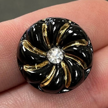 1 Vintage German Black Gold Flower Round Glass Cabochon #9317