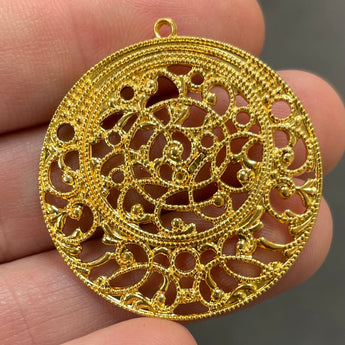 2 Gold Round Lacy Filigree Metal Pendants