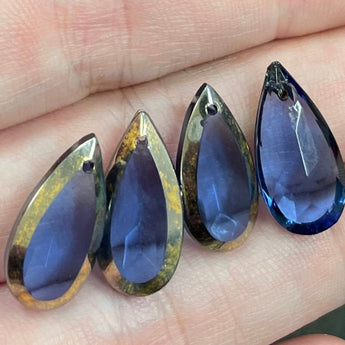 4 Vintage Blue Silver Lined Teardrop Glass Pendants #8595