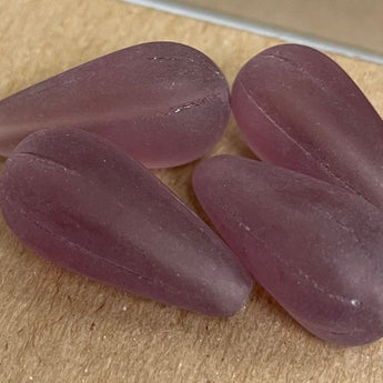 4 Vintage Czech Frosted Amethyst Teardrop Glass Beads #8963