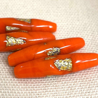 2 Vintage Japan Orange Foil Oval Glass Beads