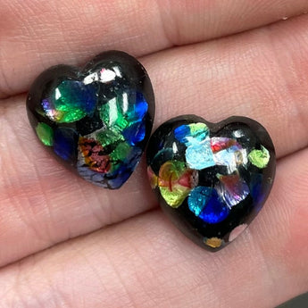 2 Vintage Japan Multi Color Foil Heart Glass Cabochons