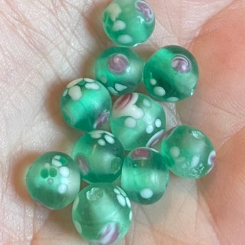 10 Vintage Green Millefiori Rose Japan Matte Round Glass Beads #9652