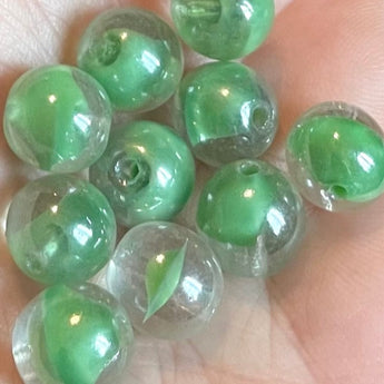 10 Vintage Green Lined Luster  Round Glass Beads #8016