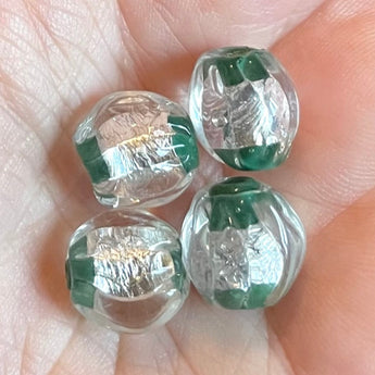 4 Vintage RARE Japan Green Silver Foil Glass Beads #8349