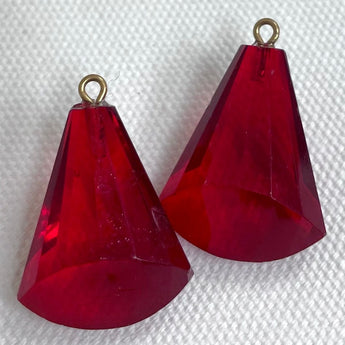 2 Vintage Red Faceted Glass Pendants #8889