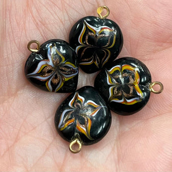 4 Vintage Black Floral Heart Glass Pendants #7062