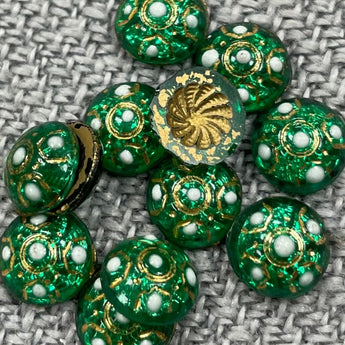 12 Vintage Embellished Victorian Green Round Glass Stones #8930