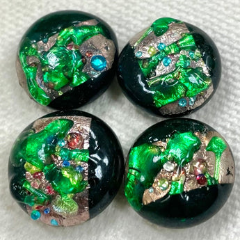 4 Vintage Japan Green Foil Round Glass Cabochons