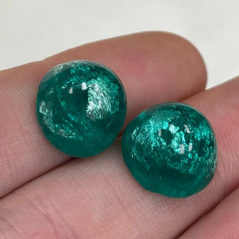 2 Vintage Japan Green Silver Foil Domed Round Glass Cabochons #9605