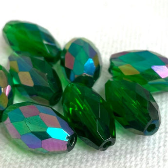 8 Vintage German AB Emerald Green Faceted Oval Glass Beads #1247