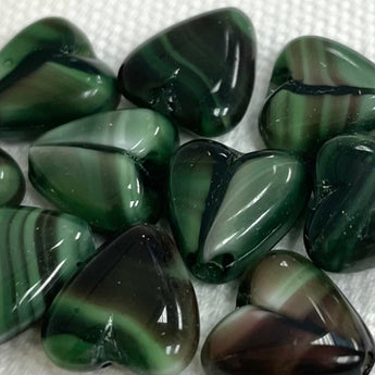 10 Vintage Black Green Japan  Heart Glass Beads