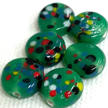 6 Vintage Japan Green Speckled Round Coin Glass Beads #8870