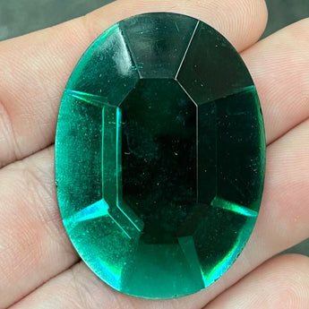 1 Vintage German Large Emerald Green Faceted Oval Glass Cabochon