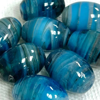 8 Vintage Aqua Striped Luster Oval Glass Beads #4884