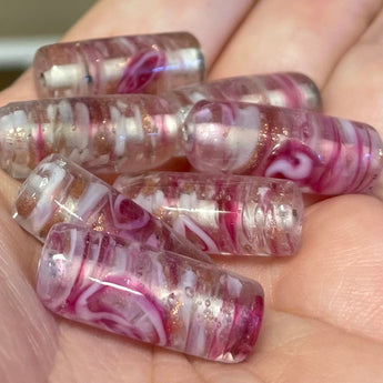 8 Vintage Pink Rose Metallic Cylindrical Glass Beads