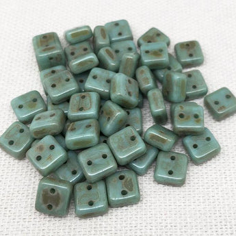 50 Green Two Hole Chexx Czech Picasso Square Glass Beads