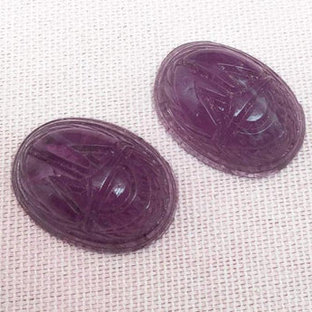 2 Light Purple Carved Scarab Oval Glass Cabochons