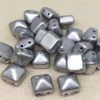 25 Metallic Silver Stud Czech Two Hole Glass Beads