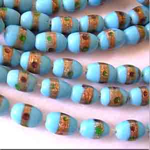 12 Vintage Aqua Aventurine Striped Oval Glass Beads #9247