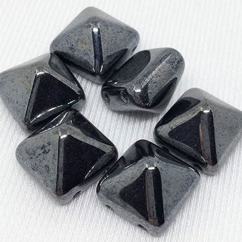 6 Gunmetal Hematite Czech Stud Glass Beads Two Hole Pyramid 12mm