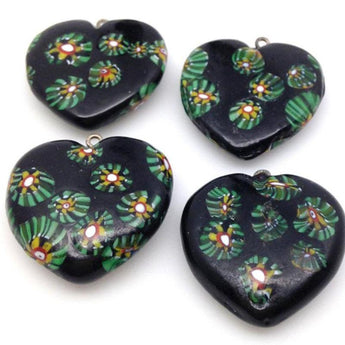 4 Vintage Black Green Millefiori Heart Glass Pendants