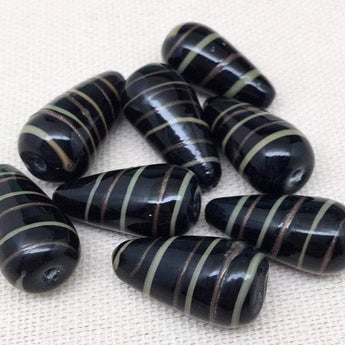 8 Vintage Black Green Aventurine Striped Teardrop Glass Beads