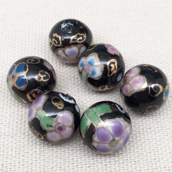 10 Vintage Black Floral Porcelain Beads