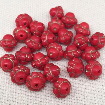 25 Vintage Red Czech Gold Etched Saturn Glass Beads