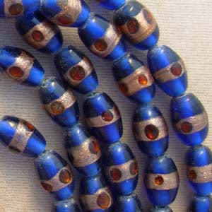 10 Vintage Cobalt Blue Striped Aventurine Oval Glass Beads