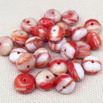 25 Red White Czech Rondelle Glass Beads