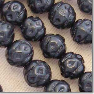 50 Vintage Embossed Black Round Glass Beads