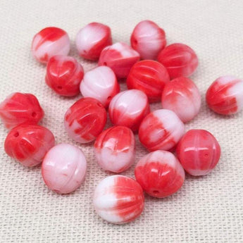 20 Bright Red White Czech Melon Glass Beads