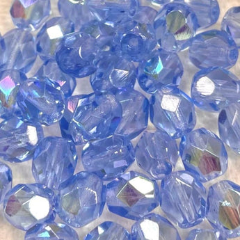 50 AB Sapphire Blue Czech Fire Polished Glass Beads 6mm