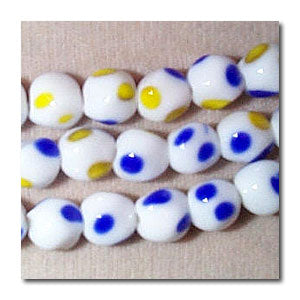 8 Vintage Japan White Blue Yellow Dot Glass Beads #1959