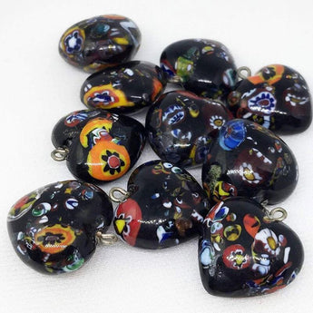 10 Vintage Mixed Handmade Black Millefiori Glass Hearts