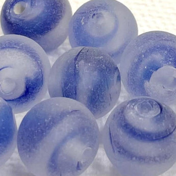 10 Vintage Frosted Striped Clear Blue African Round Glass Beads