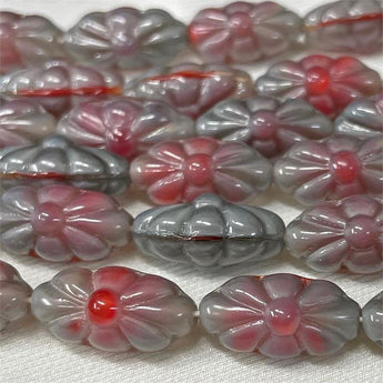 4 Vintage German Gray Opal Red Givre Pressed Floral Oval Glass Beads #9140