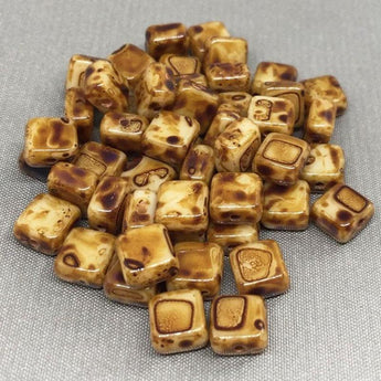 20 Gold Brown Picasso Czech Tile Square Glass Beads