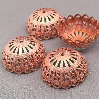 4 Vintage Matte Copper Plated Metal Filigree Bead Caps