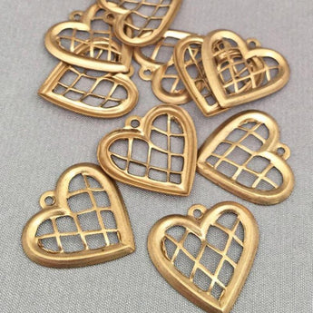 10 Vintage Mauve Brass Criss Cross Heart Charm Pendants