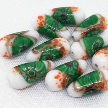 10 Vintage Handmade White Millefiori Teardrop Glass Beads