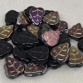 25 Metallic Iris Black Czech Leaf Glass Beads