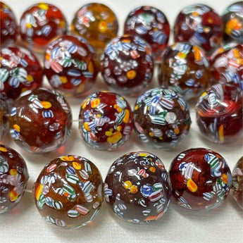 6 Vintage Amber Millefiori Round Glass Beads #6083