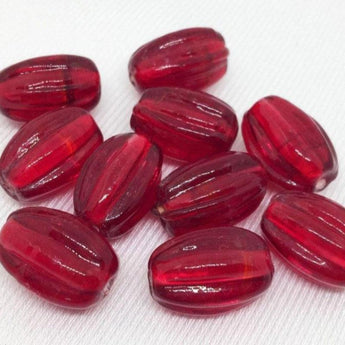 10 Vintage Handmade Siam Red Ribbed Oval Glass Beads