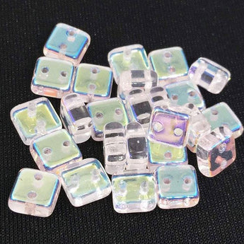 25 AB Clear Two Hole Czech Chexx Glass Beads Square