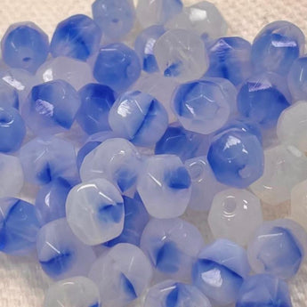 50 White Opal White Blue Czech Fire Polished Glass Beads #9622