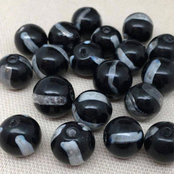 10 Vintage Black Silver White Striped Round Glass Beads #953