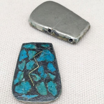 2 Vintage Handmade Aqua Mosaic Two Hole Metal Pendants (A)