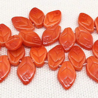 25 Etched Orange Czech Leaf Glass Beads 12mm